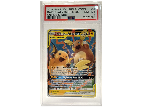 Pokémon Raichu & Alolan Raichu GX - Unified Minds 54/236 - PSA 8 - ENGLISH